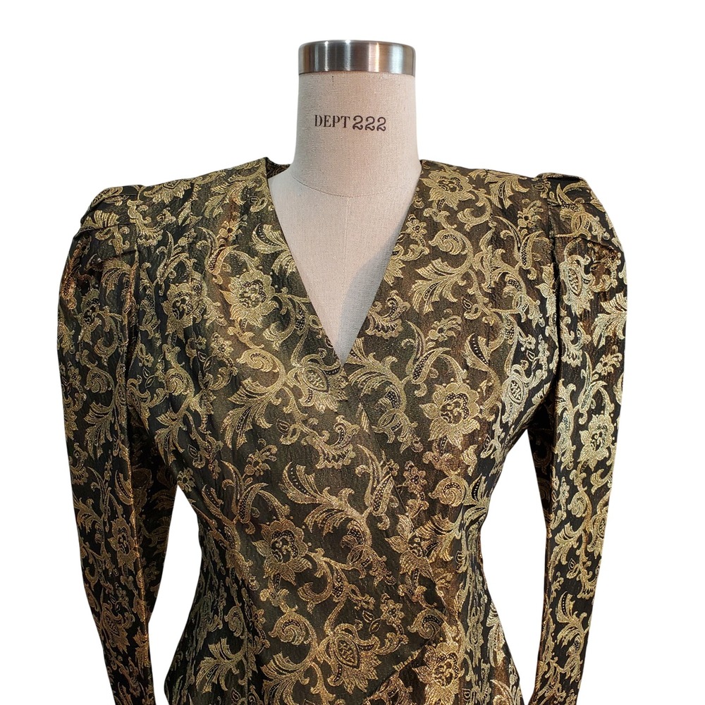 Vintage Metallic Gold Floral Brocade Party Top Puff Sleeve V Neck Blouse‎ Size S
